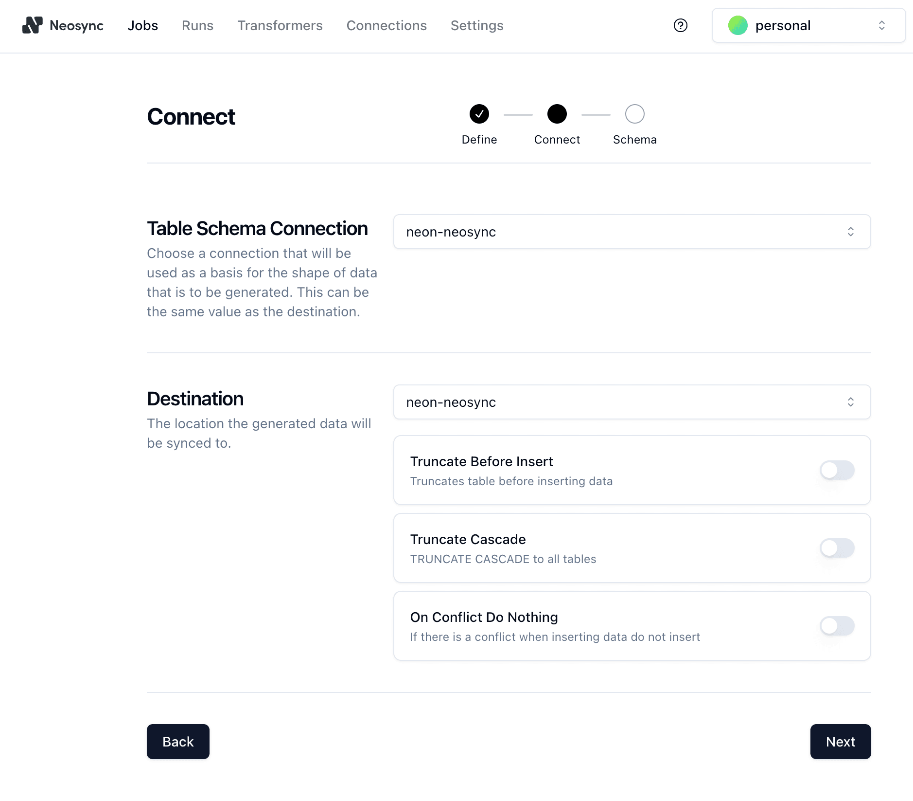 Define Neosync job connection